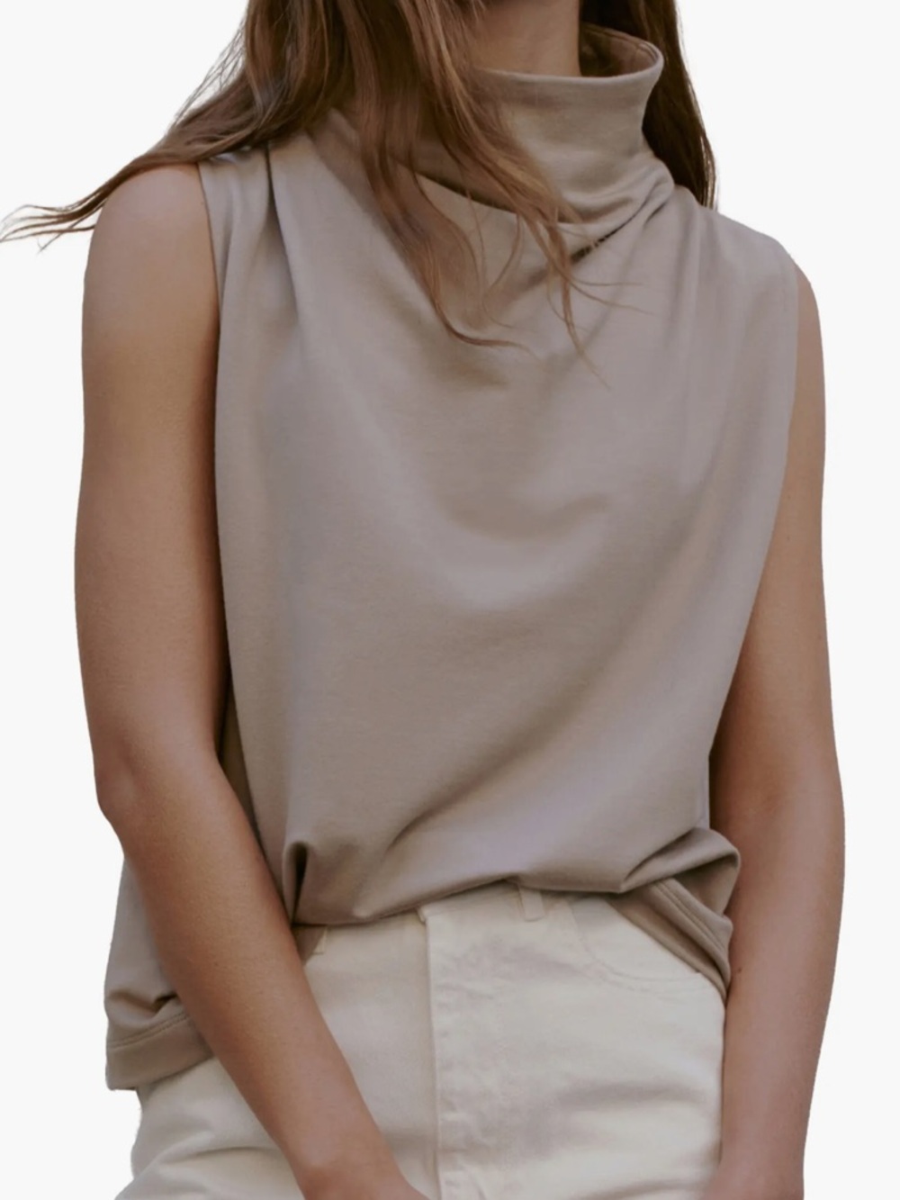 Marcella NYC Mock Neck Finch Sleeveless Top in Sand M, NWT